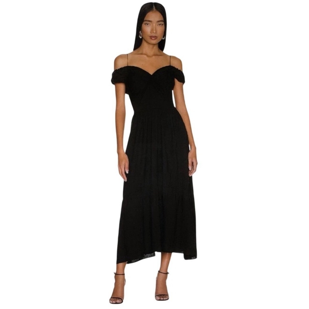 VINCE Black Linen Blend Twist Front Off the Shoulder Midi Dress size 4‎ NWT